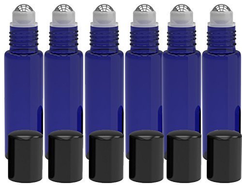 6 Pack - Roll on Glass Bottle - Blue 10ml 1/3oz Size for Essential Oil - Empty Aromatherapy Perfume Bottles - Cobalt Refillable Slim with Cap [Blue]