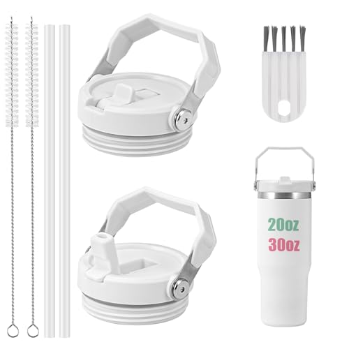 Photo 1 of 2PCS Tumbler Lid for Stanley Iceflow 20 oz 30 oz, Spill Proof Flip Straw Lid Leak-proof Replacement with Reusable Straw and Cleaning Brush(White)