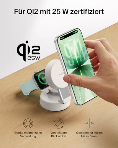 UltraCharge Pro MagSafe Ladegerät, Induktive Ladestation, Qi2.2 25W Verstellbarer 2-in-1 Wireless Charger für iPhone 17, Apple Watch Series 10, Pixelsnap usw. (Inkl. 45-W-Netzteil) – Sandfarben
