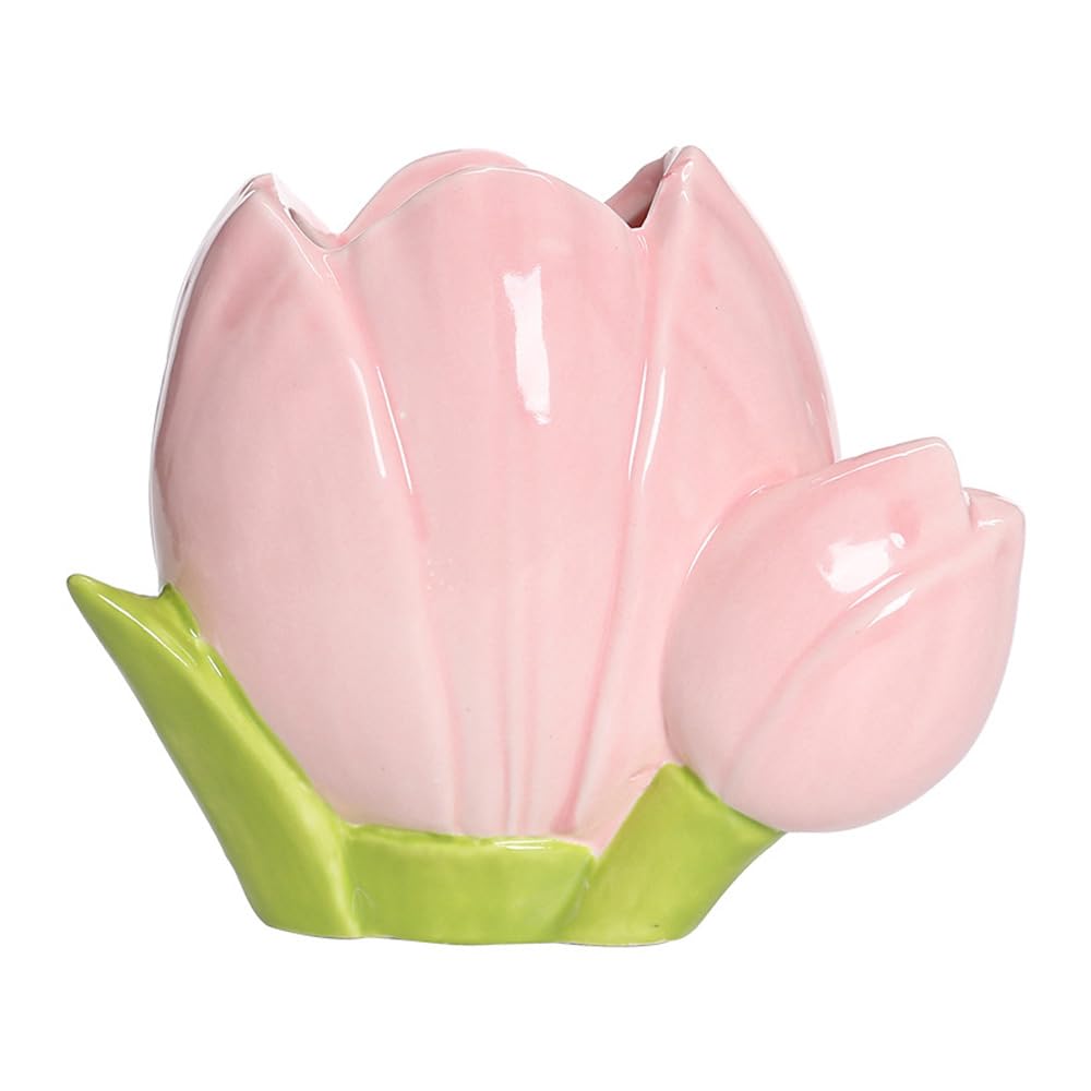 Hosoncovy Ceramic Tulip Makeup Brush Organizer Pot Makeup Brush Holder Pen Pot Pencil Holder Flower Vase (Pink)