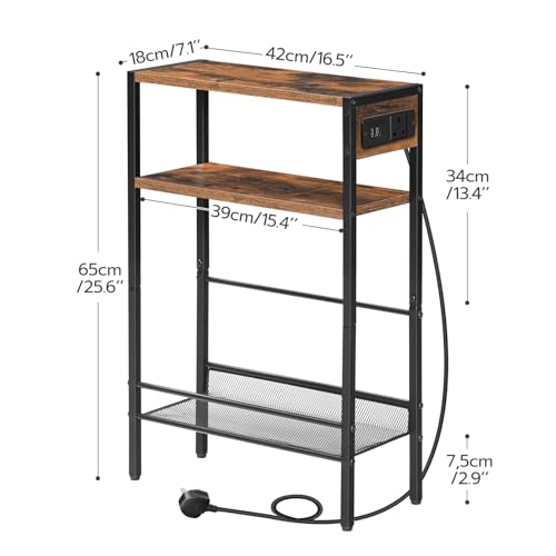 HOOBRO Narrow Side Table with Charging Station, Skinny Nightstand with USB Ports and Outlets, Slim Sofa End Table, Industrial Bedside Table with Storage Shelf, Rustic Brown and Black EBF102KBZ01