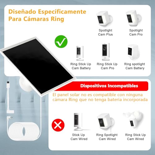 Cargador solar ring de 6W/5V,compatible con toda la gama de cámaras Ring(no compatible con cámaras sin baterías),viene con un puerto DC35+Tipo-C,un cable de carga de 1x3m y es resistente al agua IP66