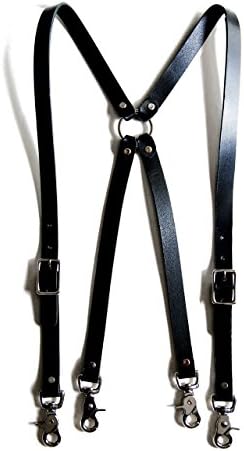 Black Leather Suspenders with Silver Hardware -- X-Back Style
