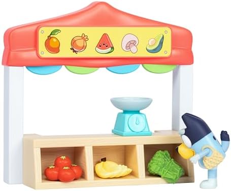 Mini sets de jeu Bluey . Set de jeu Bluey Le stand de marché . Inclus : figurine Bluey articulée, sac de courses, accessoires et billets