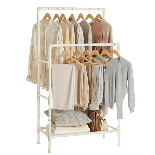 SONGMICS Donkey Clothing, Metal Donkey Coat Rack with 2 Hanging Bars, with a Storage Shelf, Load Capacity 55 kg, Easy Assembly, White RDR01WT