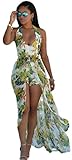 Eleganlife Women's V Neck Printed Chiffon Bodycon Short Party Clubwear Maxi Dress