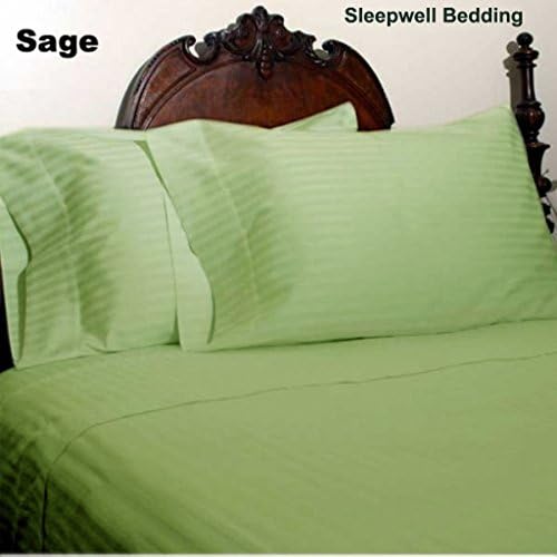 Sleepwell Bedding Luxury Egyptian Cotton 600-Thread-Count Sateen 4 PCs Queen Sheet Set (+16 Inch) Pocket Depth, Sage Stripe