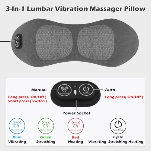 Lewuyoya Smooth Spine Triple Fusion Back Massager with Heat, Vibration and Traction for Sciatica Pain Relief, 3-in-1 Electric Lumbar Support Pillow Device for Lower Back Pain in Bed, Chair, Couch