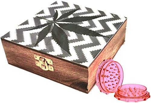 GoaShop Wood Marijuana Design, Trippy Weed Leaf Box with Crusher (As In Image_6 Inch X 6 Inch X 1.5 Inch)