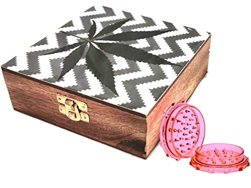 GoaShop Wood Marijuana Design, Trippy Weed Leaf Box with Crusher (As In Image_6 Inch X 6 Inch X 1.5 Inch)
