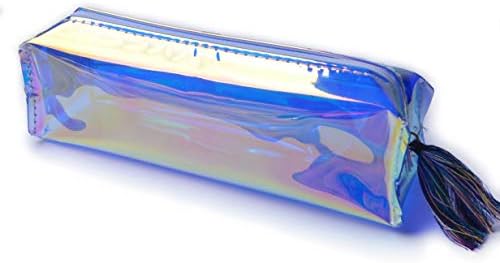 WENTO Holographic Pencil Case Holder Tassels Stationery Pouch,Transparent Holographic Zip Stationery Pouch,School Supply Storage Boxes (Square, Blue)