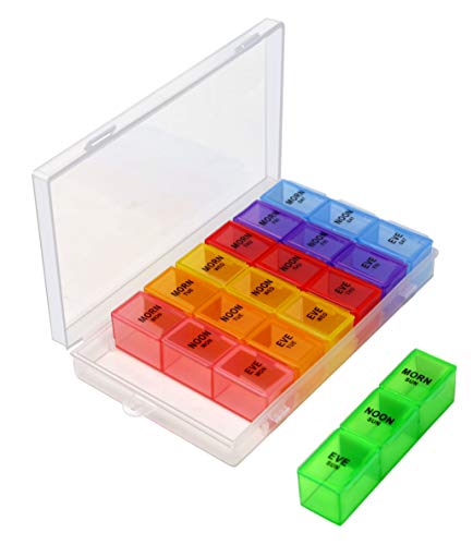 7 Days Pill Holder Organizer Tablet Box Weekly Medication Case Daily AM Morning Noon PM Night Container Compartments Detachable Dispenser (7 Color)