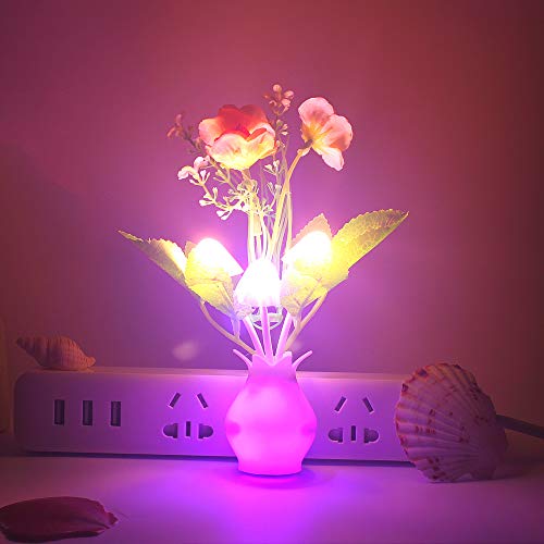 Warmstor 2 PCS Jasmine Flower Plug In 7-Color Changing Dusk to Dawn LED Mushroom Night Light Wall Light (Pink & Purple) - Thumbnail 5
