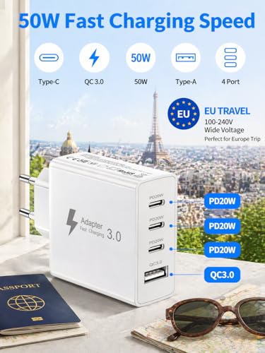 EU Travel Adapter Charger, 50W European Plug Adapter with 3 USB C and 1 USB A, Universal Travel Adapter European USB Charger Plug with Nylon 2M USB C Cable for iPhone 17 16 15 14 13/ iPad/Galaxy