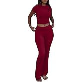 AYWA Women's 2 Piece Lounge Sets Short Sleeve Crop Top Foldover Flare Pants Casual Pajama Outfits