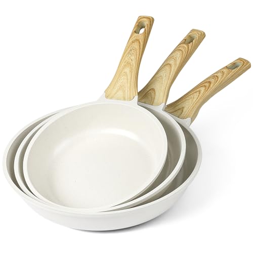 GiPP Nonstick Frying Pan Skillet Set- Ceramic Coating Non Stick Pans, Healthy Non-Stick Fry Pan Omelette Pan Egg Pan, Compatible with All Stoves, Dishwasher Safe, PFOA Free(White, 24CM+26CM+28CM)