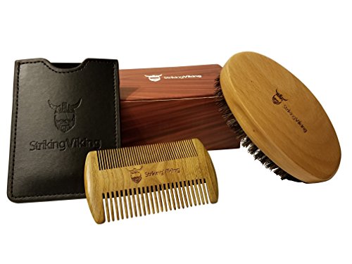Wooden Boar Bristle Brush and Comb Set with Case from Striking Viking - Anti-Static Wood Pocket Comb with Fine & Coarse Teeth Plus Firm Boar Bristle Brush