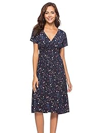 Femenino Gasa Elástica Cintura Vintage Floral Manga Corta Cuello V Verano Casual Flared Midi Vestido para Mujer