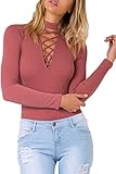 Mulisky Plunging V Neck Long Sleeve Lace-Up Front Red Leotard Bodysuit for Women