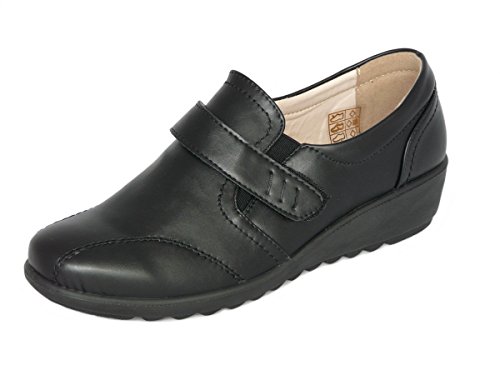 Cushion Walk Damen Leichte Lederfutter Slipper Damenschuhe Flache Komfort Schuhe mit Klettverschluß (EU 41 UK 7, Schwarz)