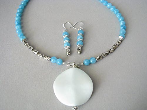 Blue Marble Beaded Pendant Necklace Earring Set Handmade Gemstone Jewelry