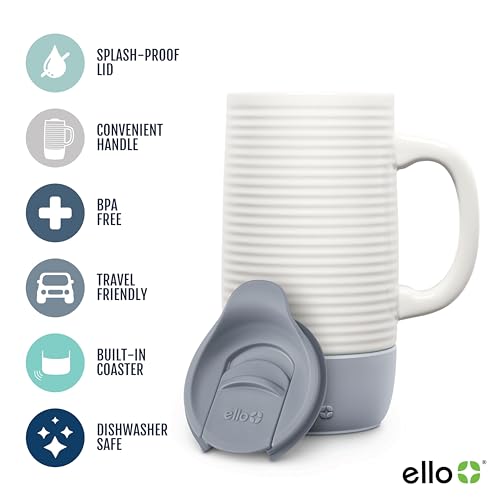 Ello Jane 18oz Ceramic Travel Mug with Handle, SplashResistant Slider Lid and Builtin Coaster