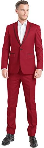 iTailor Men's Cotton Chino Single-Button Suit Red with Grey Piping 46 Long