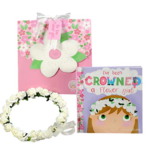 Flower Girl Gift Set- Book with Floral Crown Headband Headpiece in Adorable Gift Box - I've Been Crowned a Flower Girl!