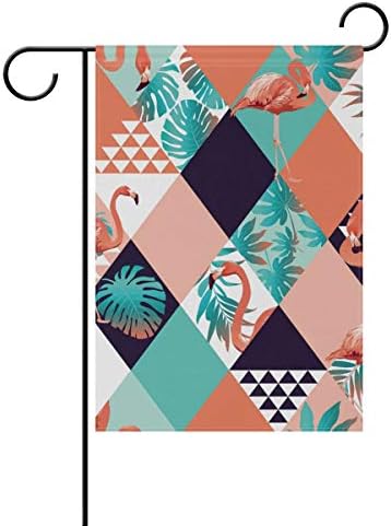 cai xue1 Double Sided Garden Flag Flamingo Tropical Palm 100% Polyester Home Decorative Geometric Check Pattern Outdoor House Yard Banner 12"(W) X 18"(H)