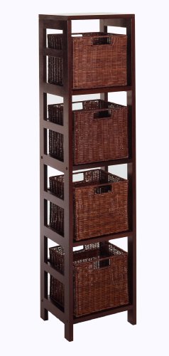 Winsome Wood Leo Wood 4 Tier Storage Shelf with 4 Small Rattan Baskets