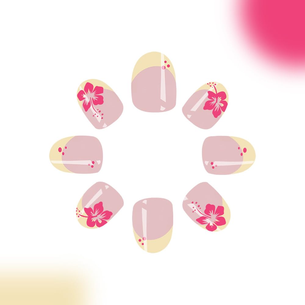 French Tip Press on Nails Almond Short Fake Nails with Red Flowers Design Full Cover False Nails Nude Pink Acrylic Nails Spring Cute Flowers Stick on Nails Glue on Nails for Women Nail Art 24Pcs - Image 3