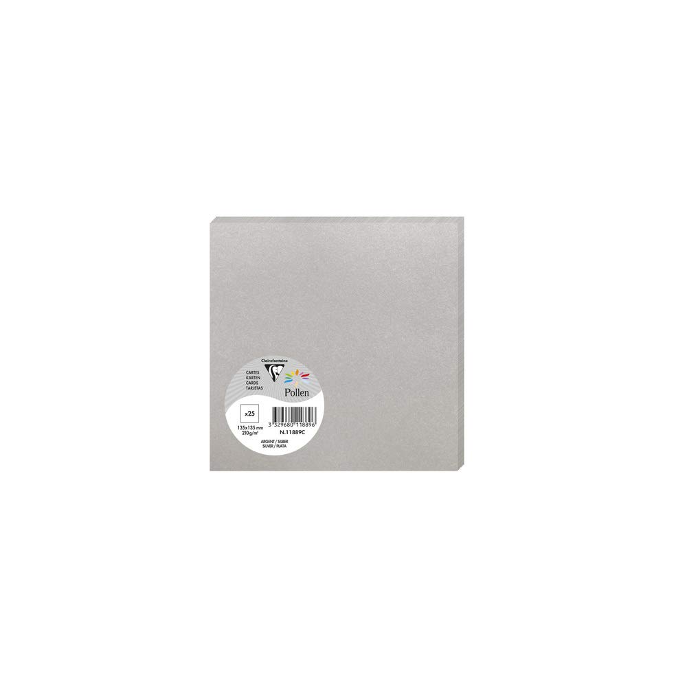Clairefontaine 11889C Silver Iridescent Paper Pack of 25 Plain Cards Square 13.5x13.5cm 210gsm Invitation Correspondence Cards Pollen Range Premium Smooth