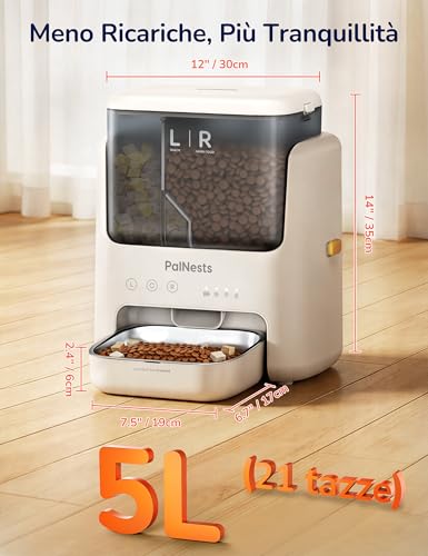 PalNests 5L Automatic Cat and Dog Food Dispenser, WiFi 2.4G/5G with APP, Dual Compartment Dispenser, Programmable Timer 1-10 Meals per Day for 1-12 Servings, 304 Stainless Steel Bowl