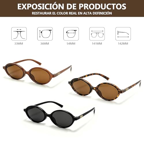 3 Piezas lentes de sol ovalados mujer,Gafas de Sol Mujer Retro Moda,Gafas de Sol Retro Ojo de Gato, Gafas Estrechas Ligeras de los 90 Lentes, Adecuado para conducir, viajar y practicar deportes