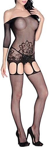 Myhope Women Lingerie Strapless Fishnet Bodystocking Long Sleeves Flower Pantyhose Open Crotch