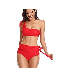 Advoult Bikini de cintura alta para dama, traje de baño de dos piezas, traje de baño de un hombro