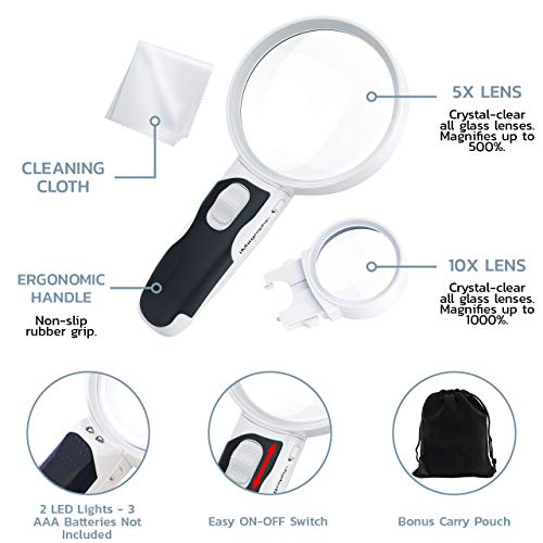iMagniphy LED Illuminated Magnifying Glass Set. Best Magnifier with