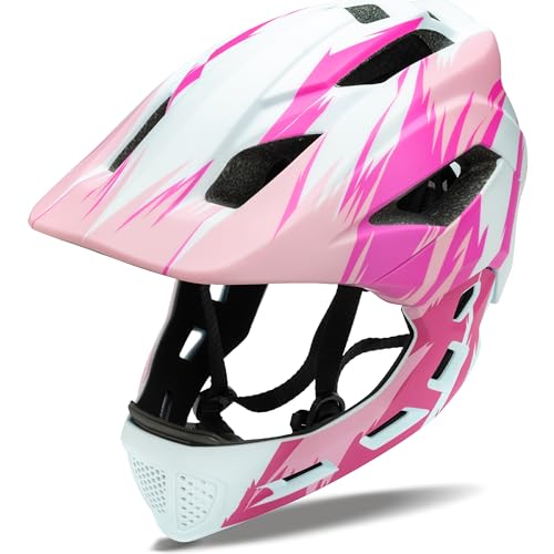 Natuway Toddler and Kids Full Face Helmet, Girl and Boy BMX Multi-Sport Detachable Mountain Dirty Bike Helmet (White and Pink)