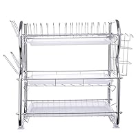 Nivalkid Fast Shipment Dual Layers 3-Tier Dish Drying Rack Kitchen Collection Shelf Drainer Organizer US Stock Dish Rack Tableware Cutlery Improvement Kitchen Accessories (Silver)