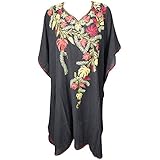 Mogul Interior Women Black Caftan Dress Embellished Short Swinsuit Cover Up Kaftan One Size