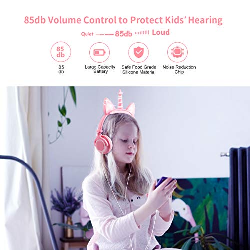 Unicorn Kids Headphones with Microphone, Over-Ear Cat Headphones Wired for Girls Boys Adjustable Foldable 85dB Volume Limited Headset School Travel (Peach)