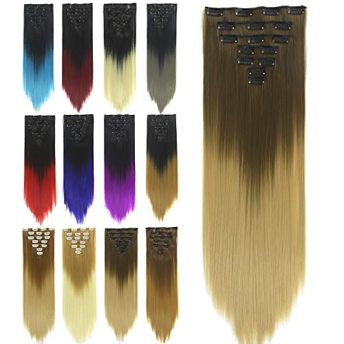 IMISSU 24 Inch 7PCS Set Long Straight Clip in Hair Extensions Ombre Color Full Head Hair Extension Hairpiece for Women 120g (Ombre Light Brown)