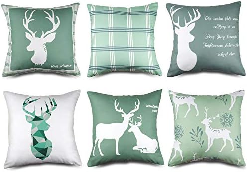 MENOLY 6 PCS Christmas Throw Pillow Cover Pillow Cases Cushion Couch Covers Deer Throw Pillow Case 18 x 18 Inch for Christmas Winter Home Office Car Sofa Decorations