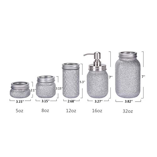 Quotidian Glitter Mason Jar Bathroom Set 5 Piece with Soap Dispenser,Flower Vase, Toothbrush Holder for Wedding House Decor Countertop and Vanity Organizer Bathroom Accessory Sets (Silver)