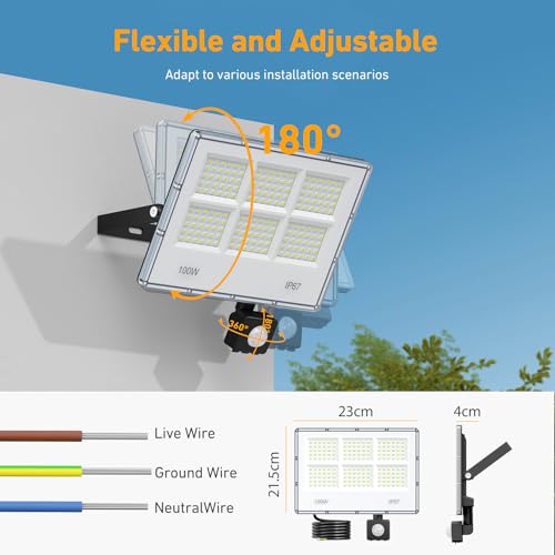 LED Spotlight with Motion Sensor – 2 Pieces 100W 10000LM 6 in 1 Outdoor Light with Motion Sensor, IP67 Waterproof White 7000K Outdoor LED Floodlight for Garden, Patio, Garage and Street