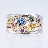 LRESJJIUJ 925 Sterling Silver Geometrical Colorful Moissanite Band Womens Shiny Full Diamond Rainbow Gemstone Ring Multi Row Wave Shape Eternity Engagement Wedding Promise Ring Cocktail Party Ring 9