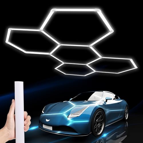 Hexagon LED Garage Lights:192W 5 Grids DIY led Honeycomb Ceiling Light,6500K Ultra Bright,2.4x1.7m,Easy Install, Durable Design for Garages,Car Detailing,Workshops,Exhibition Hall,Gym,Shopping malls