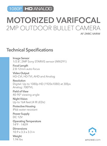 Amcrest 4xOptical Zoom HD 1080P 1920TVL Bullet Outdoor Security Camera(Quadbrid 4-in-1 HD-CVI/TVI/AHD/Analog), 2MP 1920x1080, 164ft NightVision, Motorized Varifocal Lens 40°-90°, White (AF-2MBC-VARIW)