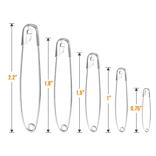 ItAll 300PCS 3/4-2.2Inch 5Sizes Safety Pins with Safety Head, Rust-Resistant Nickel Plated Steel Set for Kids Sewing Quilting Arts Crafts Office and Home Use