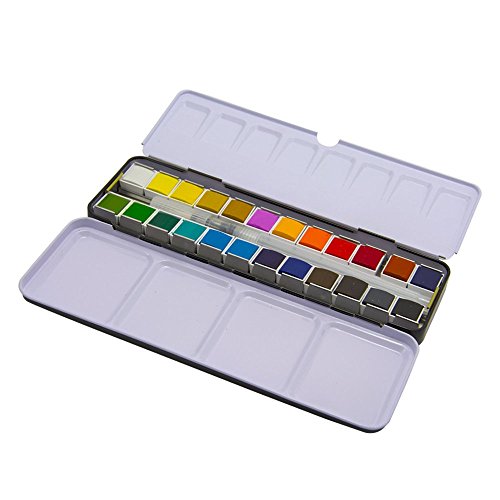 AQUAnaut WaterColors - 24 Color Half-pans - Large 8ml Refillable Water Brush - Metal Tin And Palette In a Durable Travel Design